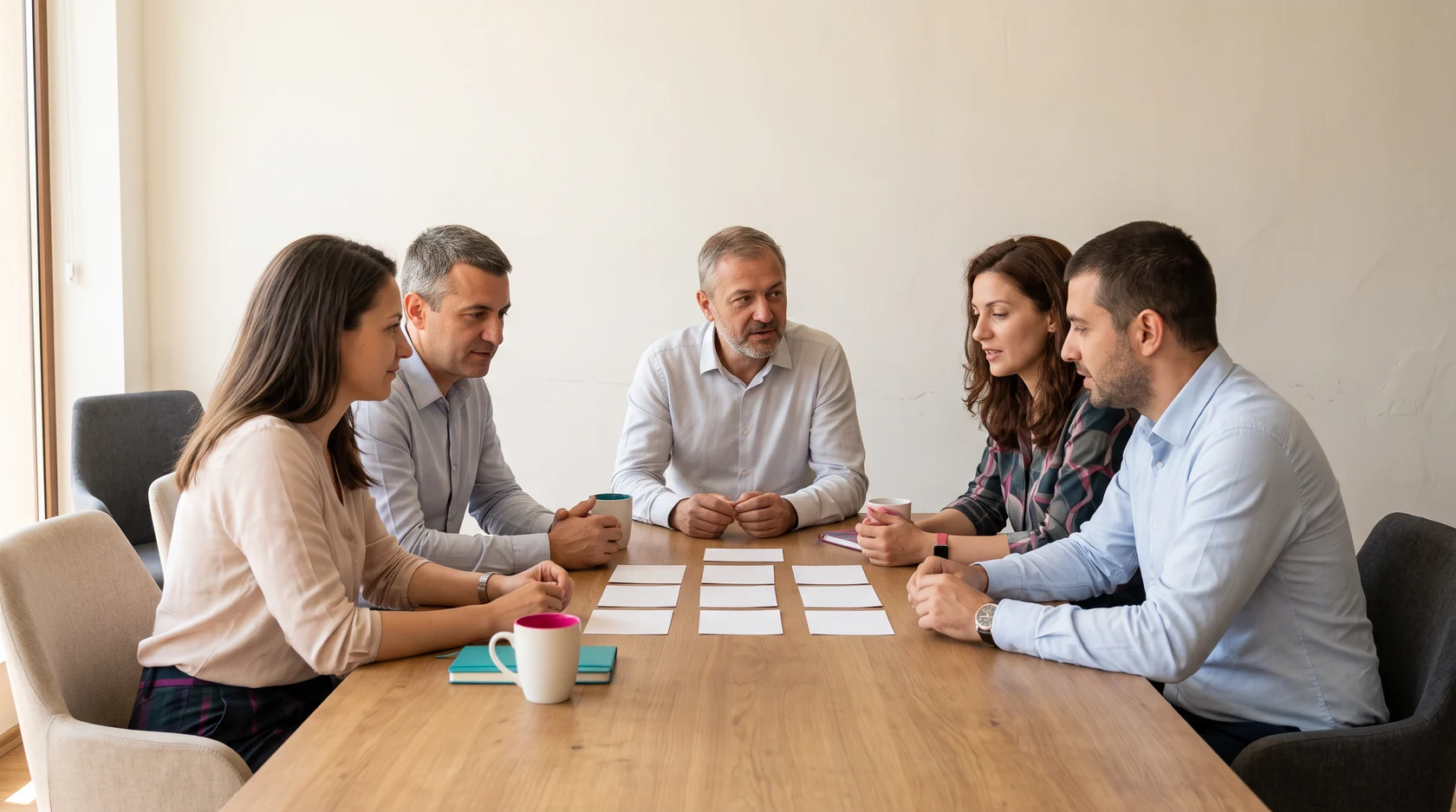 Five colleagues discuss organisational change around a table with blank cards during a collaborative workshop.